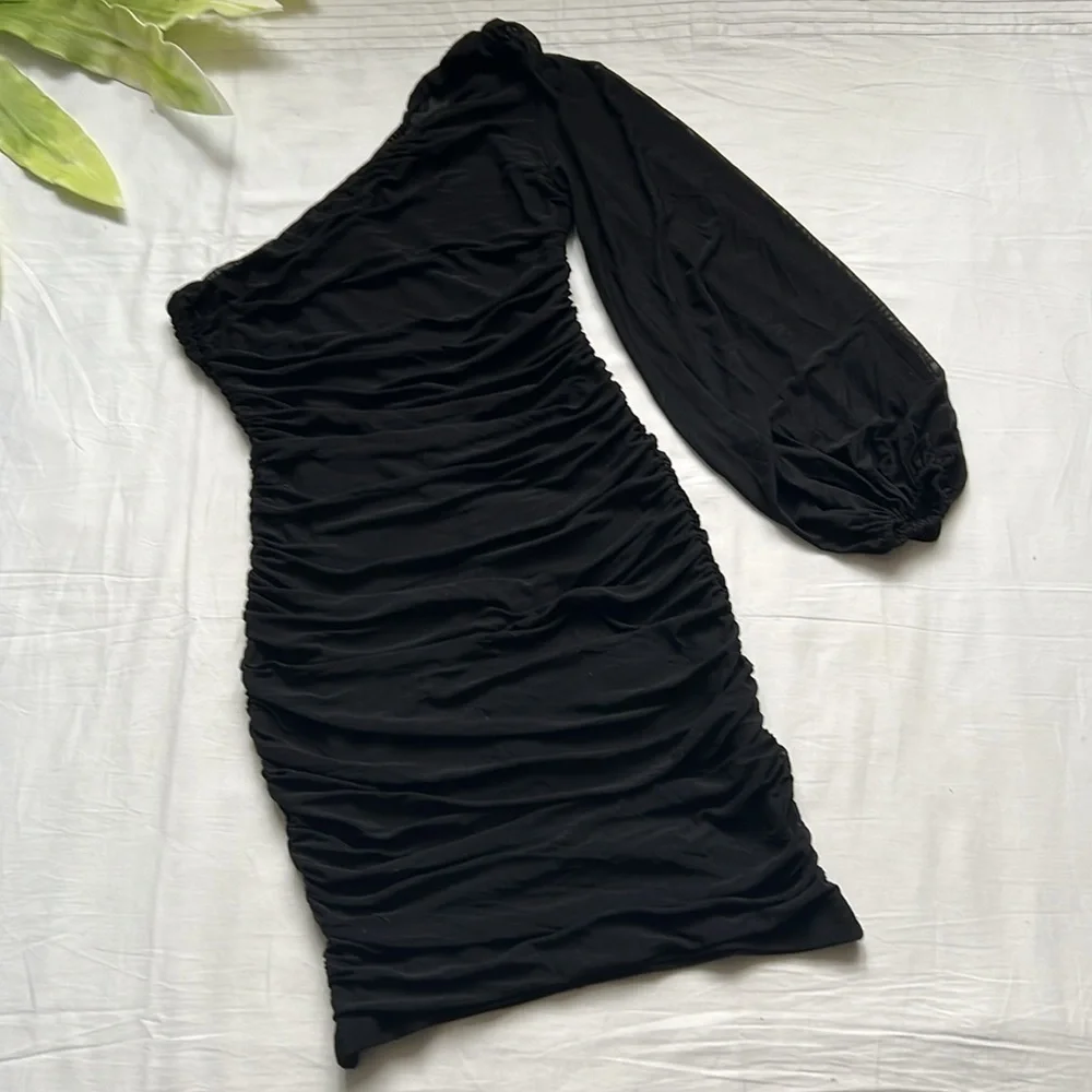 NWT LOGENE One Shoulder Puff Long Sleeve Ruched Bodycon Mini Dress - Picture 5 of 9